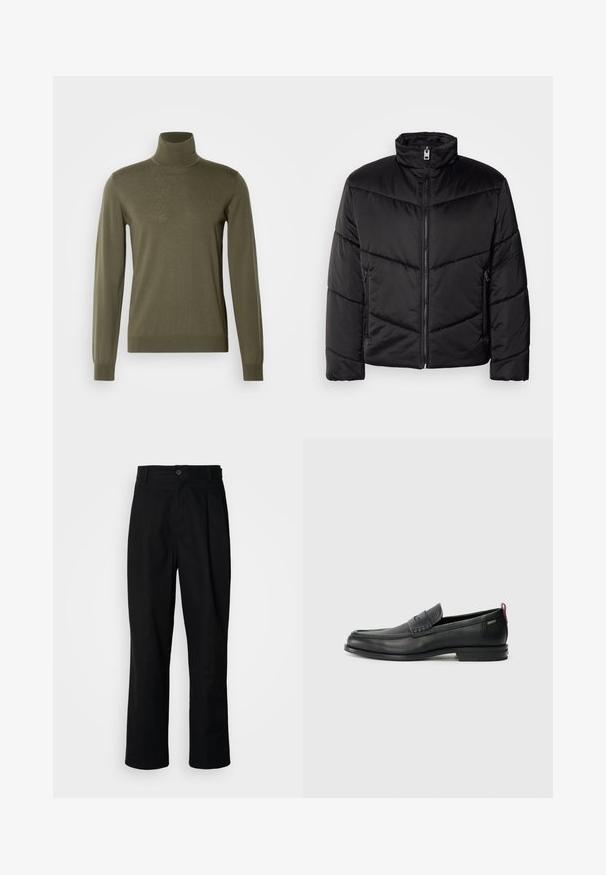 Black puffer jacket featuring a high neck, zip closure, diagonal quilting patterns, and side pockets with zipper details.; HUGO SAN THOMAS - Jumper - olive; Black straight-leg trousers with a buttoned waistband, belt loops, and front crease, displayed against a plain white background.; Black leather loafers with a textured front panel and smooth sides. Features a slim heel and rear loop for easy wear. Classic design.