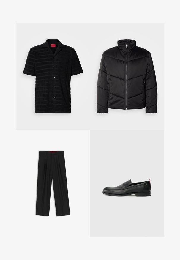 Chaqueta acolchada negra con cuello alto, cierre de cremallera, patrones de acolchado diagonales y bolsillos laterales con detalles de cremallera.; Camisa negra de manga corta con un tejido texturizado, que presenta un sutil patrón a rayas, bolsillo frontal y etiqueta de marca en rojo.; Pantalones de pierna ancha negros con parte delantera plana, dos bolsillos laterales, diseño plisado y una cinturilla interior roja en contraste.; Mocasines de cuero negro con un panel frontal texturizado y laterales lisos. Presenta un tacón delgado y un lazo trasero para facilitar su uso. Diseño clásico.