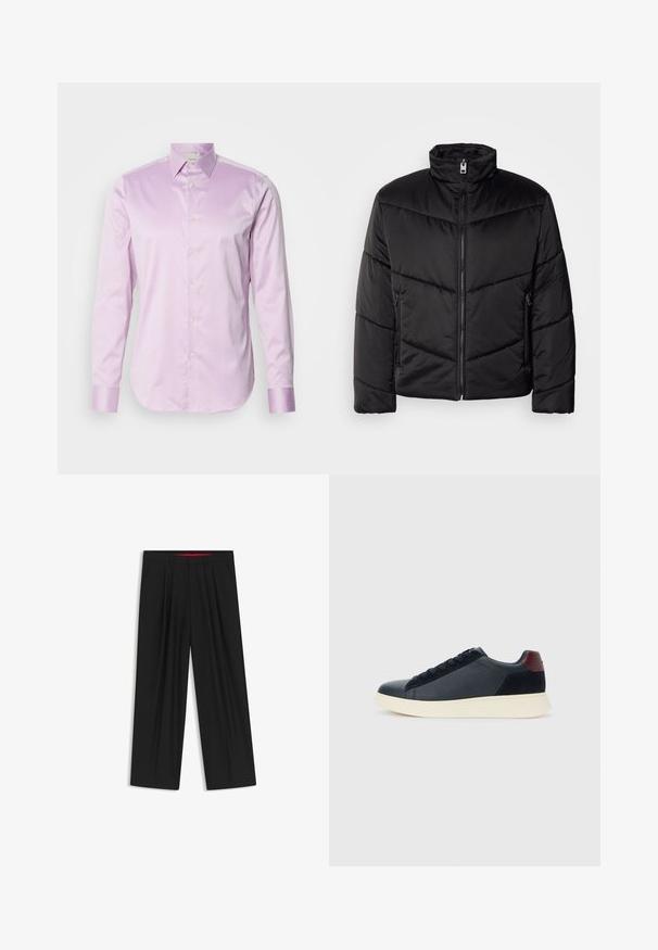 Musta puhallettava takki, jossa on korkea kaulus, vetoketjusulku, vino tikkauskuvio ja sivutaskut vetoketju yksityiskohdilla.; Vaaleanlila pitkähihaisessa paidassa on sileä kangas, napitettava kaulus, koko etupaneelin pituinen napitus ja kontrastiväriset kiiltävät hihat.; Musta leveälahkeinen housu, jossa on litteä etuosa, kaksi sivupistettä, laskostettu muotoilu ja kontrastivärinen punainen vyötärön sisäosa.; Miestne bežecké tenisky s nízkym strihom v čiernej koži a semišovej úprave s bordovým jazykom a bielou gumovou podrážkou, pohľad z vonkajšej strany.