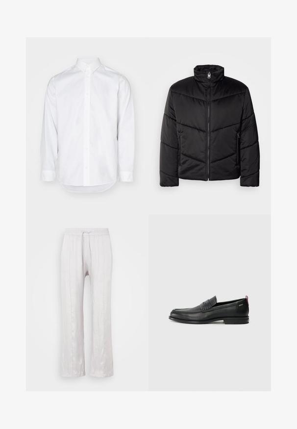 Crna puf jakna s visokim ovratnikom, patentnim zatvaračem, dijagonalnim kvadratićima i bočnim džepovima sa zatvaračem.; Bijela košulja dugih rukava od pamuka. Ima kragnu na dugme, prednji otvor s gumbima i zaobljeni rub. Glatka tekstura.; Svijetlosivi, slobodno krojeni hlače od glatkog materijala s elastičnim pojasom i vezicom. Ravne nogavice s suptilnim plisiranjima, bez vidljivih uzoraka.; Crne kožne loafere s teksturiranim prednjim panelom i glatkim stranama. Imaju uski petu i stražnju petlju za lakše obuvanje. Klasičan dizajn.