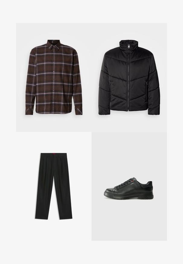 Schwarze Pufferjacke mit hohem Kragen, Reißverschluss, diagonalen Steppmustern und seitlichen Taschen mit Reißverschlüssen.; Braun kariertes Langarmhemd mit Knopfverschluss, weißen und schwarzen Streifen, spitzen Kragen und geknöpften Manschetten auf neutralem Hintergrund.; Schwarze Hose mit einem gefältelten Design, weiter Beinform und glatter Textur. Verfügt über ein rotes Taillenlabel.; Schwarze Leder-Sneaker mit strukturiertem Obermaterial, gepolstertem Kragen und rotem Logo-Detail. Verfügt über eine dicke Gummisohle mit markantem Profil.