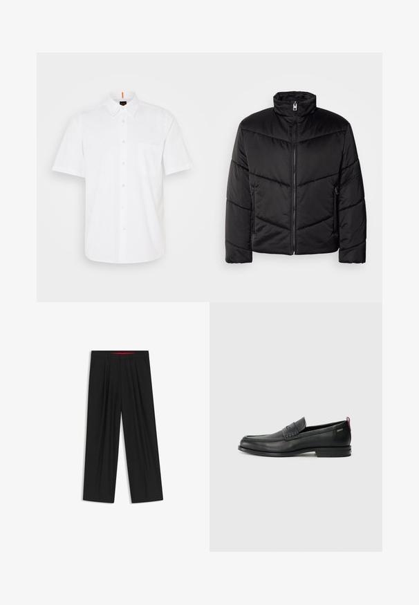 Zwarte pufferjack met hoge kraag, ritssluiting, diagonale quiltpatronen en zijzakken met ritssluitingen.; Witte kortingemouwde overhemd met knopen, gemaakt van katoen, met een enkele borstzak, een klassieke kraag en subtiele stikdetails.; Zwarte wijde broek met een vlakke voorkant, twee zijzakken, geplooid ontwerp en een contrasterende rode binnenband.; Zwarte leren instappers met een textuur aan de voorkant en gladde zijden. Voorzien van een slanke hak en een lus aan de achterkant voor gemakkelijk aan- en uittrekken. Klassiek ontwerp.