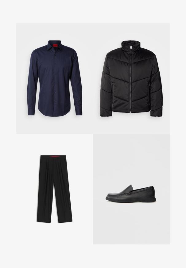 Zwarte pufferjack met hoge kraag, ritssluiting, diagonale quiltpatronen en zijzakken met ritssluitingen.; Marineblauw overhemd met lange mouwen en een subtiel visgraatpatroon, met een button-down kraag en zwarte knopen. Van een katoenmix met een gladde textuur.; Zwarte wijde broek met een vlakke voorkant, twee zijzakken, geplooid ontwerp en een contrasterende rode binnenband.; Zwarte leren instaploafer met een textuur bovenwerk, ronde neus, lage hak en rubberen zool, weergegeven in zijprofiel op een witte achtergrond.