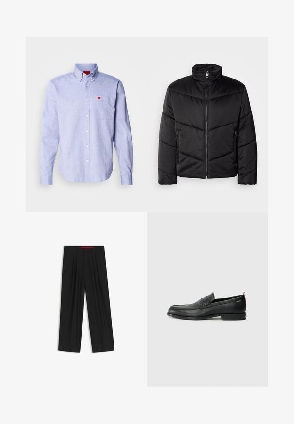 Giacca a vento nera con collo alto, chiusura a zip, motivi di trapuntatura diagonale e tasche laterali con dettagli in zip.; Camicia button-up azzurro chiaro con maniche lunghe, una tasca sul petto e un'etichetta di marca rossa. Realizzata in tessuto morbido con colletto classico.; Pantaloni neri a gamba larga con fronte piatto, due tasche laterali, design plissettato e un elastico in vita di colore rosso a contrasto.; Mocassini in pelle nera con un pannello anteriore testurizzato e lati lisci. Presentano un tacco sottile e un anello sul retro per una vestibilità facile. Design classico.