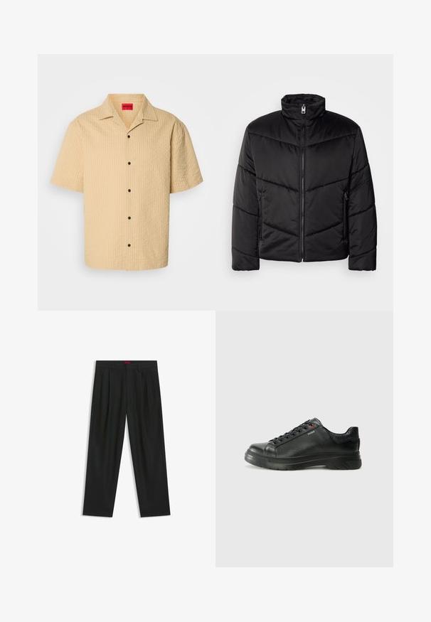 Schwarze Pufferjacke mit hohem Kragen, Reißverschluss, diagonalen Steppmustern und seitlichen Taschen mit Reißverschlüssen.; Kurzärmliges, kragenloses Hemd aus hellbeigem, strukturiertem Stoff mit karriertem Muster und schwarzen Knöpfen. Etikett im Nacken sichtbar.; Schwarze Hose mit einem gefältelten Design, weiter Beinform und glatter Textur. Verfügt über ein rotes Taillenlabel.; Schwarze Leder-Sneaker mit strukturiertem Obermaterial, gepolstertem Kragen und rotem Logo-Detail. Verfügt über eine dicke Gummisohle mit markantem Profil.