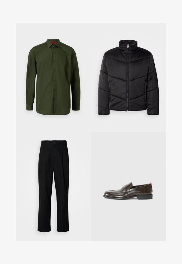 Giacca a vento nera con collo alto, chiusura a zip, motivi di trapuntatura diagonale e tasche laterali con dettagli in zip.; HUGO VALERIO - Camicia elegante - dark green; Pantaloni neri a gamba dritta con vita con bottoni, passanti per cintura e piega frontale, esposti su uno sfondo bianco semplice.; Mocassini in pelle marrone con una finitura liscia, punta tonda, cuciture decorative e un accento rosso a contrasto sul tallone. Suola in gomma.
