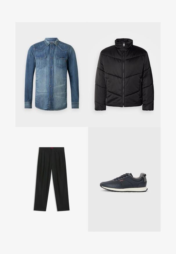 Musta puhallettava takki, jossa on korkea kaulus, vetoketjusulku, vino tikkauskuvio ja sivutaskut vetoketju yksityiskohdilla.; Denim-paita, vaaleansininen, pitkät hihat, nappikiinnitys edessä, kaksi rintataskua, länttytyylinen kaulus ja ompelukoristeet, haalistunut pinta.; Mustat housut, joissa on poimutettu muotoilu, leveä lahjetyyppi ja sileä pinta. Varustettu punaisella vyötärötagilla.; Laikalla siniset lenkkarit, joissa on sileä synteettinen päällinen, pyöreä kärki, harmaat yksityiskohdat, nyörityssuunnittelu ja valkoinen välikerros, jossa on teksturoitu musta pohja.