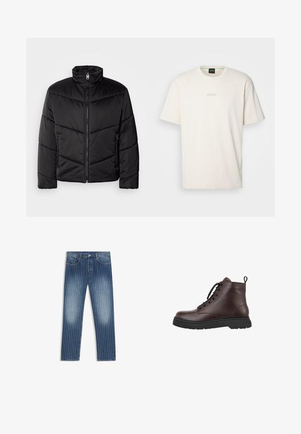 Juodas pūkinis švarkas su aukštu kaklu, užtrauktuku, įstrižais siuvinėjimo raštais ir šoninėmis kišenėmis su užtrauktukų detalėmis.; BOSS TEE - Paprasti marškinėliai - open white; Džinsai su juostelių raštu, vidutinio mėlynumo spalvos, su išblukusiomis vietomis, tiesaus kirpimo, penkios kišenės ir metalinė sagtys.; Rudos odinės kulkšninių botai su apvaliu pirštu, šnuromis, juodu guminio pado ir užtrauktuku kulno srityje. Lygi paviršius ir minimalus siuvimo detalės.
