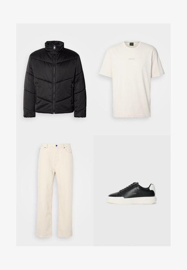 Fekete pufikabát magas gallérral, cipzáras záródással, átlós steppelt mintával és oldalsó, cipzáras zsebekkel.; BOSS TEE - Basic póló - open white; Beige egyenes szabású pamut nadrág kék gomb részletekkel, öt zsebből és tiszta, látható minták nélküli dizájnnal.; Fekete bőr sneakers fehér gumitalppal. Kerek orrú, fűzős dizájn, és logó részlet az oldalon. Hátsó díszítés fehér színben.