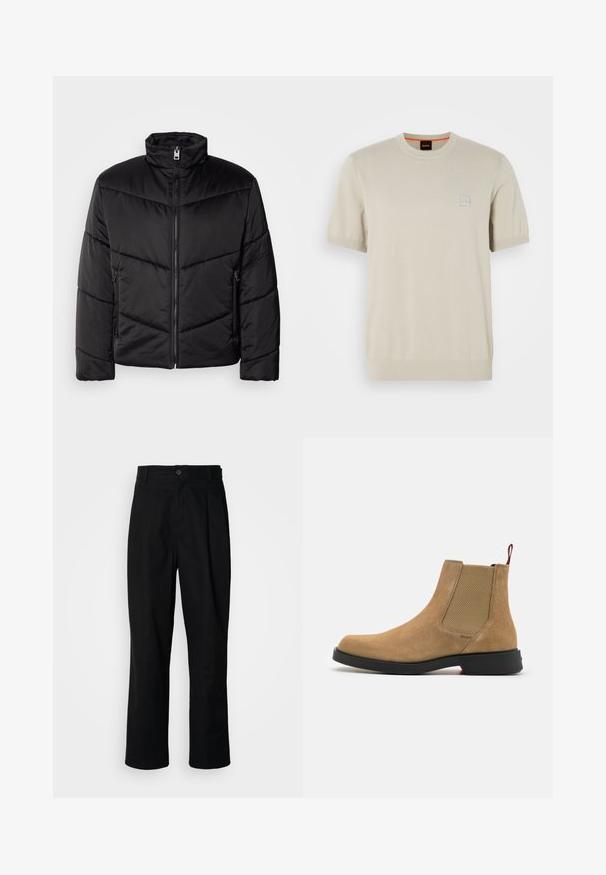 Czarna puchowa kurtka z wysokim kołnierzem, zapięciem na zamek, skośnymi wzorami pikowania oraz bocznymi kieszeniami z detalami na zamek.; Beżowy sweter z krótkim rękawem, okrągłym dekoltem, z prążkowanymi mankietami i dołem, z małym logo w kształcie kwadratu na piersi.; Czarne spodnie o prostych nogawkach z zapięciem na guziki w pasie, szlufkami na pasek i fałdą z przodu, prezentowane na jednolitym białym tle.; HUGO IKER beżowy