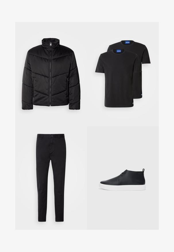 Čierna pufová bunda s vysokým golierom, zipsom, diagonálnym prešívaním a bočnými vreckami so zipsovými detailmi.; Dvoje čiernych bavlnených tričiek s okrúhlym výstrihom, krátkymi rukávmi a modrými nálepkami "HUGO" na golieroch a bočných lemoch.; Čierne chinos nohavice s hladkou textúrou, zapínaním na gombík a zoštíhľujúcim strihom. Ideálne na neformálne alebo polosformálne nosenie.; Čierne kožené vysoké tenisky s hladkým povrchom, biela gumová podrážka a jednoduchý dizajn na šnurovanie. Obsahujú úchytku na zadnej strane.