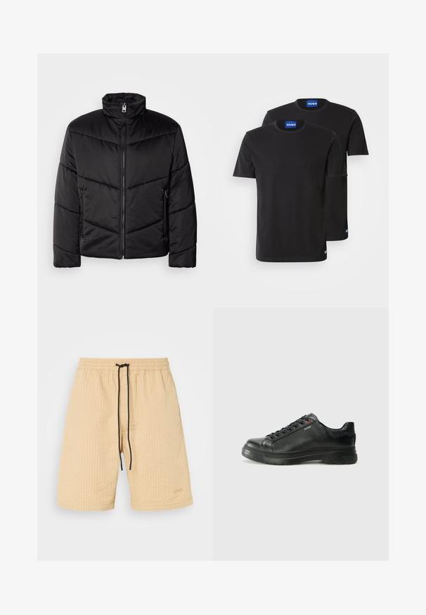 Svart dunjakke med høy nakke, glidelåsforsegling, diagonale quiltede mønstre og sidelommer med glidelåsdetaljer.; To svarte bomulls T-skjorter med rund hals, korte ermer og blå "HUGO" merker på kragene og sidene.; Beige shorts med teksturert stoff, elastisk midjebånd og svart snor. Har en subtil logoaccent. Rett skåret design.; Svarte lærsneakers med teksturert overdel, polstret krage og rød logodetalj. Har en tykk gummisåle med tydelig mønster.