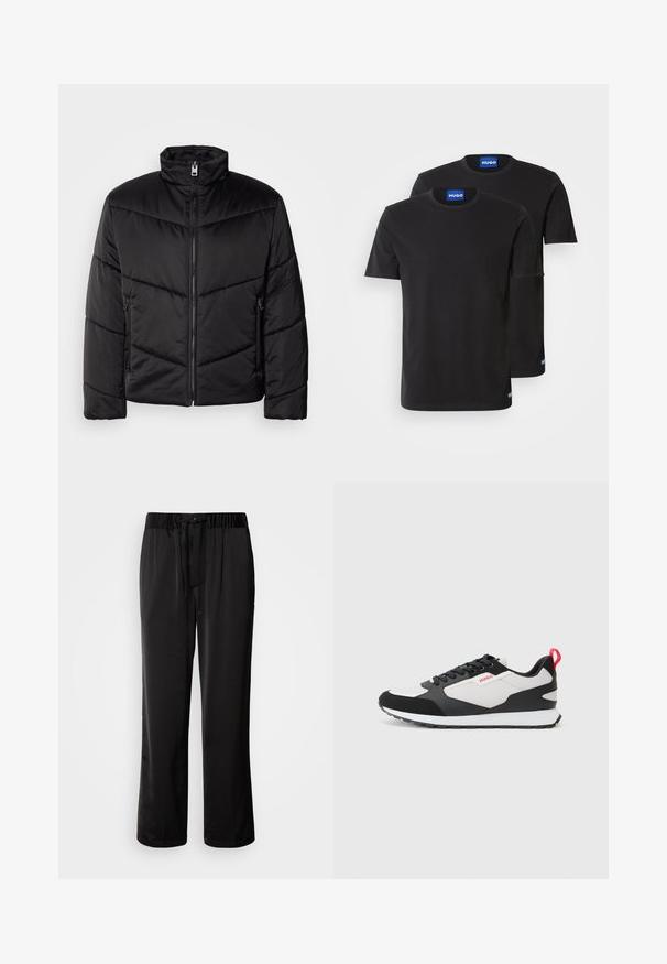 Schwarze Pufferjacke mit hohem Kragen, Reißverschluss, diagonalen Steppmustern und seitlichen Taschen mit Reißverschlüssen.; Zwei schwarze Baumwoll-T-Shirts mit Rundhals, kurzen Ärmeln und blauen "HUGO"-Labels an den Kragen und seitlichen Säumen.; Schwarze, weit geschnittene Hosen mit elastischem Bund und verstellbarem Kordelzug. Glattes Material mit seitlichen Nähten, keine Taschen.; Schwarz-weiße Sneaker mit einem Obermaterial aus Wildleder und Mesh, ausgestattet mit einem roten Zugband und einer strukturierten Sohle. Schnürdesign mit Logodetail.