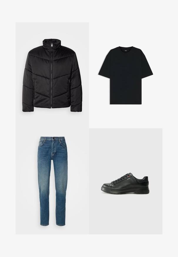 Musta puhallettava takki, jossa on korkea kaulus, vetoketjusulku, vino tikkauskuvio ja sivutaskut vetoketju yksityiskohdilla.; Musta puuvillainen t-paita, jossa on pyöreä kaula-aukko ja lyhyet hihat. Ominaisuuksiin kuuluu löysä istuvuus ja yksinkertainen muotoilu ilman kuvioita tai yksityiskohtia.; Farkut keskipitkä sininen pesu, suoralla lahkeet designilla, viisi taskua, edessä vetoketju ja nappilukko. Haalistunut rakenne reiden alueella.; Musta nahkakengät, joissa on teksturoidun pinnan, pehmustettu kaulus ja punainen logo. Kengissä on paksu kumipohja, jossa on selkeä uramalli.