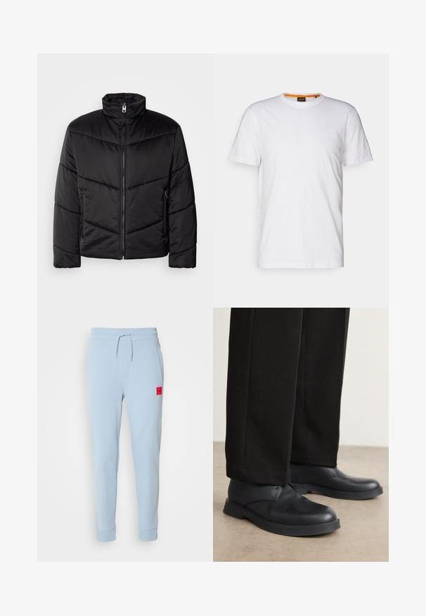 Black puffer jacket featuring a high neck, zip closure, diagonal quilting patterns, and side pockets with zipper details.; White cotton T-shirt with a crew neck, short sleeves, and a subtle embossed logo on the chest. Interior tag has an orange accent.; Light blue cotton joggers with a drawstring waist, side pockets, and a small red logo patch on the left side. Fitted cuffs at the ankles.; Black leather shoes with a rounded toe, flat sole, and minimal detailing. Paired with tailored black pants, showing smooth texture.