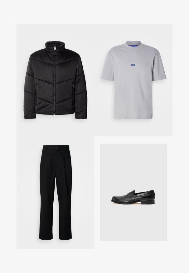 Fekete pufikabát magas gallérral, cipzáras záródással, átlós steppelt mintával és oldalsó, cipzáras zsebekkel.; Szürke pamut póló kerek nyakkal, rövid ujjakkal és egy kis kék "HUGO" logóval a közepén. Simább textúra, laza illeszkedés.; Fekete egyenes szabású nadrág gombos derékkal, övrutakkal és elülső gyűrődéssel, egy sima fehér háttér előtt.; Fekete bőr loaferek lekerekített orral, kontrasztos varrással és alacsony sarkal, díszítő pánttal az elején. Simább textúrával.