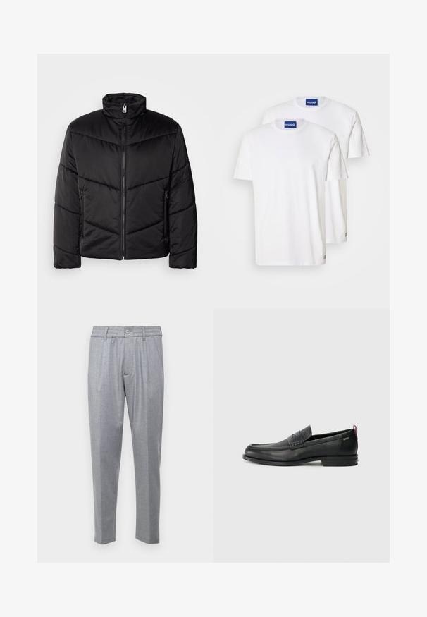 Veste matelassée noire avec col montant, fermeture éclair, motifs de quilting diagonaux et poches latérales avec détails zippés.; T-shirts en coton blanc avec col rond et manches courtes, étiquetés avec des tags bleus "HUGO" au niveau du col et de petits accents à l'ourlet.; Pantalons gris clair en tissu texturé, avec des plis, une taille classique et des jambes fuselées. Fermeture à bouton sur le devant.; Mocassins en cuir noir avec un panneau avant texturé et des côtés lisses. Équipés d'un talon fin et d'une boucle à l'arrière pour un enfilage facile. Design classique.