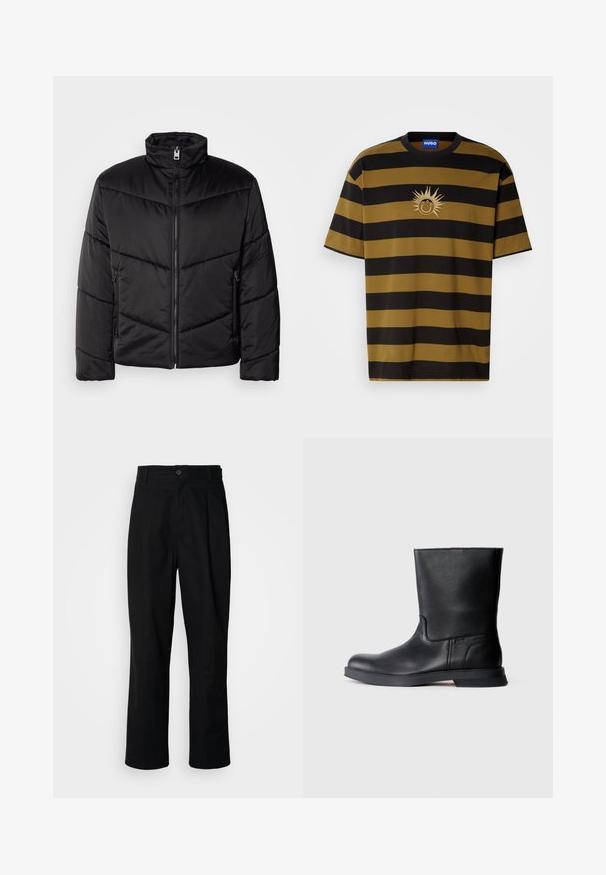 Melns pūkains jaka ar augstu apkakli, rāvējslēdzēju, dioganāliem quiltēšanas rakstiem un sānu kabatām ar rāvējslēdzēju detaļām.; Svītrains īsām piedurknēm T-krekls melnā un tumši olīvzaļā krāsā, ar saules grafiku un "HUGO" zīmolu krēmkrāsas izšuvumā.; Melni taisni bikses ar pogu, jostu cilpiņām un priekšējo krokām, izliktas uz vienkārša balta fona.; Melnas ādas potītes zābaki ar teksturētu virsmu, noapaļota purngala un zemu gumijas zoli. Vienkāršs dizains bez redzamiem aparatūras elementiem vai rotājumiem.