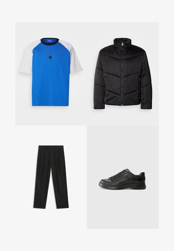 Zwarte pufferjack met hoge kraag, ritssluiting, diagonale quiltpatronen en zijzakken met ritssluitingen.; Blauwe t-shirt met korte mouwen en grijze raglanmouwen, ronde zwarte kraag en een zwart rond logo op de voorkant. Soepele katoentextuur.; Zwarte broek met een geplooid ontwerp, wijde pijpen en een zachte textuur. Voorzien van een rode taillebandlabel.; Zwarte leren sneaker met een gestructureerde bovenkant, gevoerde kraag en rode logo-details. Heeft een dikke rubberen zool met een opvallend loopvlakpatroon.