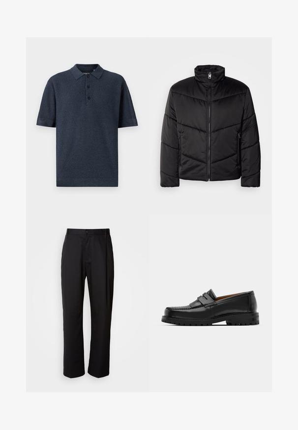 Svart dunjakke med høy nakke, glidelåsforsegling, diagonale quiltede mønstre og sidelommer med glidelåsdetaljer.; Marineblå kortermet polo-skjorte laget av strukturert stoff, med tradisjonell krage og tre-knapps placket.; Svarte bukser med rett snitt, laget av lett stoff. Har knappelukking foran og to sidelommer; glatt tekstur.; Svart skinnloafers har en hevet søm, to dekorative stropper på oversiden, og en tykk teksturert såle for bedre grep.
