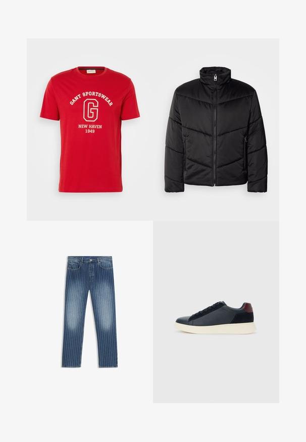 Zwarte pufferjack met hoge kraag, ritssluiting, diagonale quiltpatronen en zijzakken met ritssluitingen.; Rode T-shirt met korte mouwen van katoen, met een witte tekstprint van "GANT SPORTSWEAR" en "NEW HAVEN 1949" in een klassieke lettertype.; Denim jeans met een streepjespatroon, middelblauwe kleur, vervaagde delen, rechte pijpen, vijf zakken en een metalen knoopsluiting.; Lage herensneaker van zwart leer en suede met een bordeauxrode hieltab en een witte rubberen zool, gezien vanuit de buitenkant.