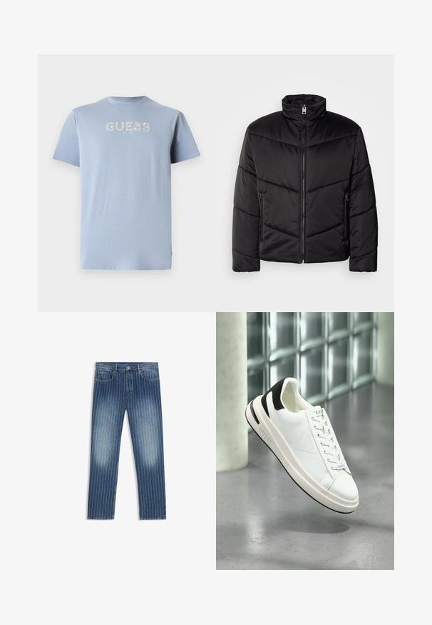 Svart dunjakke med høy nakke, glidelåsforsegling, diagonale quiltede mønstre og sidelommer med glidelåsdetaljer.; Lys blå bomull T-skjorte med korte ermer, rund hals, med et hvitt logo-print "GUESS EST. 1981" foran. Glatt tekstur.; Denim jeans med stripemønster, middels blå farge, falmede områder, rett ben-kutt, fem lommer og metallknapplukking.; Hvite lær sneakers med svarte detaljer, flat snøring og teksturert såle. Har "GUESS"-logo på siden og tungen.