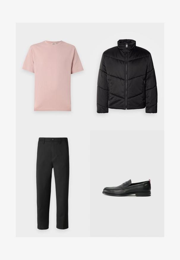 Casaco puffer preto com gola alta, fecho com zíper, padrões de acolchoado diagonais e bolsos laterais com detalhes em zíper.; T-shirt de algodão rosa claro com um decote redondo clássico e mangas curtas. Textura suave e corte reto, apresentando elementos de design mínimos.; Calças pretas com corte reto, feitas de um tecido liso. Apresentam um fecho de botão e passantes para cinto. Sem padrões ou detalhes visíveis.; Mocassins de couro pretos com um painel frontal texturizado e laterais lisas. Apresentam um salto fino e uma alça na parte de trás para fácil colocação. Design clássico.