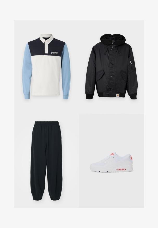 Melna jaka ar fliša oderētu kapuci, priekšējo pogu aizdari, divām lielām sānu kabatām un papildu rāvējslēdzēja kabatu uz piedurknes.; Garšīgas piedurkņu polo krekls ar baltu ķermeni, tumši zilu plecu un gaiši zilu piedurkņu. Iekļauj apkakli un logotipu uz krūšu daļas.; Melnas sporta bikses ar elastīgu jostasvietu, brīvu piegriezumu, aprocēm ap potītēm, gludu tekstūru, un bez redzamām rakstu vai aparatūras akcentiem.; Baltas sporta apavi ar gludu augšdaļu, saitēm, mīkstu zoli un redzamu gaisa vienību ar sarkaniem akcentiem uz zīmola.