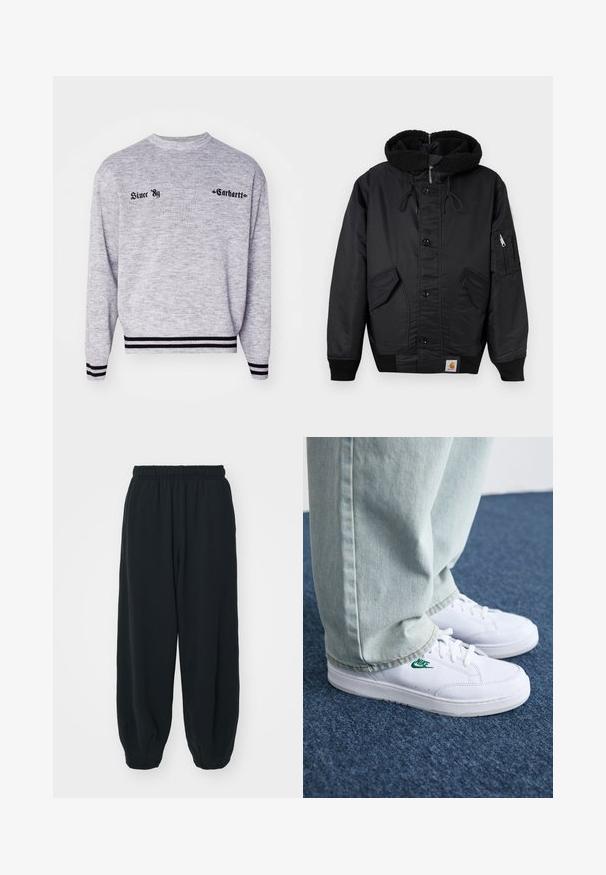 Schwarze Jacke mit einer fleecegefütterten Kapuze, vorderem Knopfverschluss, zwei großen Seitentaschen und einer zusätzlichen Reißverschlusstasche am Ärmel.; Grauer Pullover-Sweatshirt mit Rundhalsausschnitt, schwarzen Akzenten an den Bündchen und dem Saum, mit "Since '89" und "Carhartt" in schwarzer Schrift.; Schwarze Sweatpants mit elastischem Bund, lockerer Passform, gerippten Beinabschlüssen, glatter Textur und ohne sichtbare Muster oder Hardware-Akzente.; Weiße Leder-Sneaker mit grünem Nike-Logo, runde Zehenpartie, flache Sohle, kombiniert mit hellblauen Jeans, präsentiert auf einem blauen Teppich.