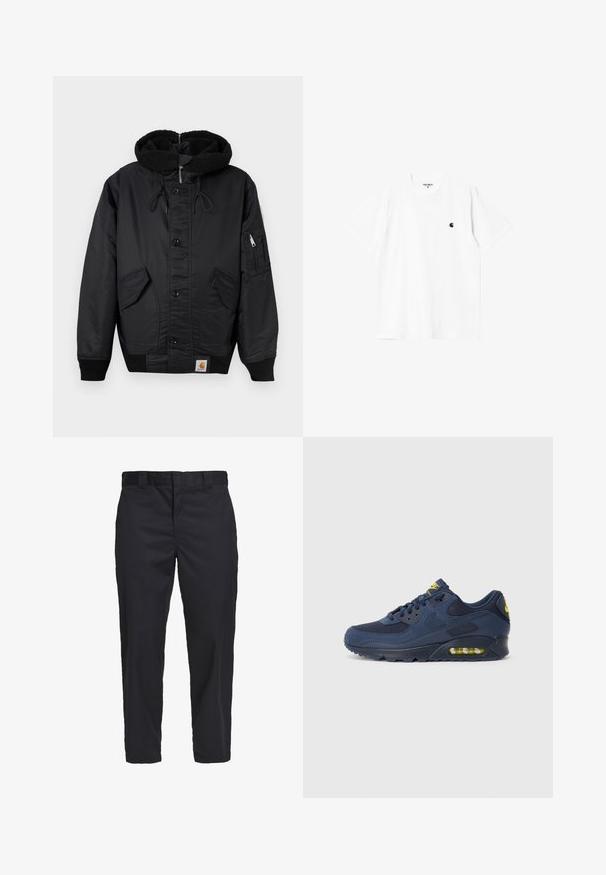 Giacca nera con cappuccio foderato in fleece, chiusura anteriore con bottoni, due grandi tasche laterali e un ulteriore taschino con zip sulla manica.; T-shirt bianca in cotone con maniche corte, colletto rotondo e un piccolo logo nero sul lato sinistro del petto. Tessuto morbido e vestibilità standard.; Chino neri realizzati in cotone leggero, con taglio dritto, tasche laterali e chiusura a bottone in vita.; Sneakers Nike Air Max blu navy con parte superiore in suede e mesh, dotati di dettagli gialli, chiusura con lacci e ammortizzazione visibile nella suola.