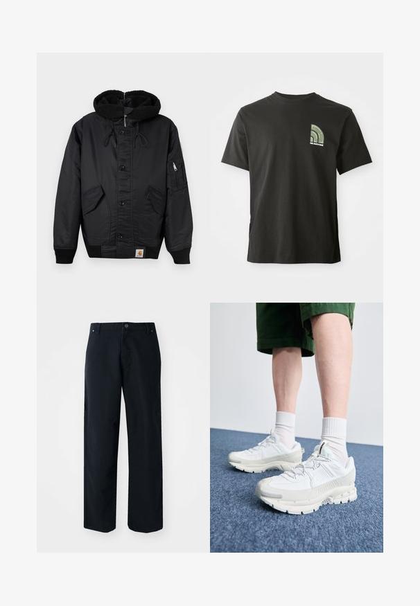 Juodas švarkas su šiltu fliso pamušalu kapuce, priekinis sagų užsegimas, dvi didelės šoninės kišenės ir papildoma užtrauktuku uždaroma kišenė ant rankovės.; Juodas trumpomis rankovėmis marškinėliai su apvaliu kaklu, ant kairės krūtinės yra mažas žalias ir baltas ketvirčio apskritimo logotipas su užrašu "The North Face".; Juodos, plačios kelnės pagamintos iš medvilnės ir sintetinių pluoštų mišinio. Su mygtuko uždarymu, priekinėmis kišenėmis ir subtiliais siuvinėjimo akcentais.; Baltos sportinės bateliai su tekstūruotais uždengimais, masyviu padu ir pilkais akcentais. Dėvimi su baltais trumpais kojiniais ir žaliais šortais mėlyname paviršiuje.