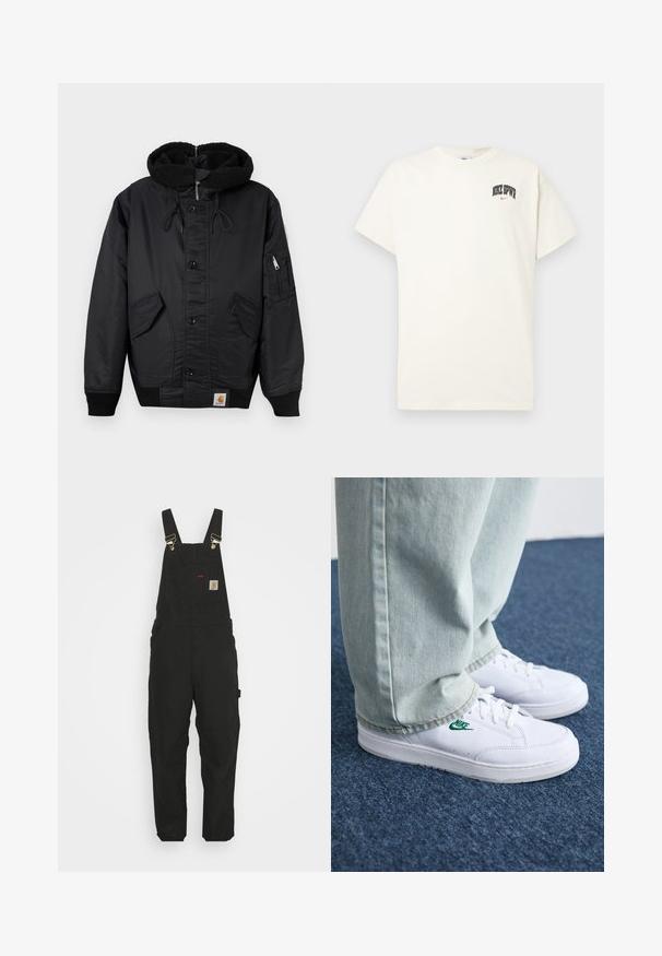 Casaco preto com capuz forrado a fleece, fecho frontal com botões, dois grandes bolsos laterais e um bolso adicional com zíper na manga.; T-shirt de algodão na cor creme com mangas curtas, apresentando "NIKE SB" em texto preto e vermelho no peito. Gola redonda padrão.; Salopetes de algodão pretos com alças ajustáveis, um bolso frontal com patch do logotipo e dois bolsos laterais, com um corte relaxado.; Tênis de couro brancos com logo verde da Nike, bico redondo, sola plana, combinados com calças de denim azul claro, exibidos sobre um tapete azul.