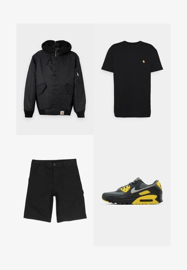Black jacket with a fleece-lined hood, front button closure, two large side pockets, and an additional zippered pocket on the sleeve.; Black cotton t-shirt with short sleeves, crew neck, and a small yellow logo on the left chest area. Simple design and regular fit.; Black shorts made from cotton with a flat front, two side pockets, a button closure, and a side cargo pocket for additional storage.; Gray and yellow Nike Air Max 90 sneaker displayed on a white background, showcasing its design and color contrasts.