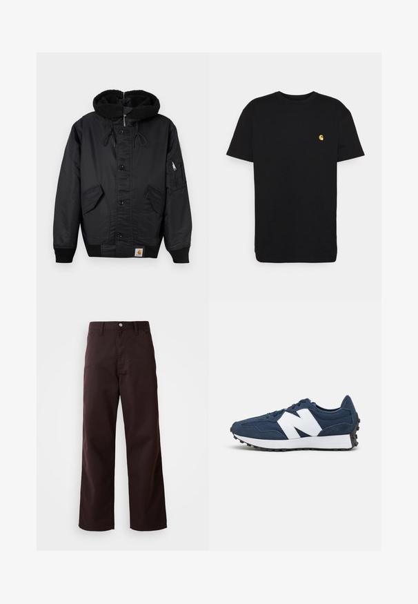 Juodas švarkas su šiltu fliso pamušalu kapuce, priekinis sagų užsegimas, dvi didelės šoninės kišenės ir papildoma užtrauktuku uždaroma kišenė ant rankovės.; Juodas medvilnės marškinėliai trumpomis rankovėmis, apvaliu kaklu ir maža geltona logo kairėje krūtinės pusėje. Paprastas dizainas ir įprasta apimtis.; Tamsiai rudos plačios kojos kelnės, pagamintos iš tvirto medvilninio audinio, su priekyje esančia mygtukų sagtimi ir dviem šoniniais kišenėmis. Glotnaus paviršiaus, klasikinio dizaino.; Tamsiai mėlyni sportiniai bateliai su balta logo, su odos ir tinklo viršumi, su paminkštintu apvadu, plokščiais raišteliais ir tekstūruotu juodu guma padu.