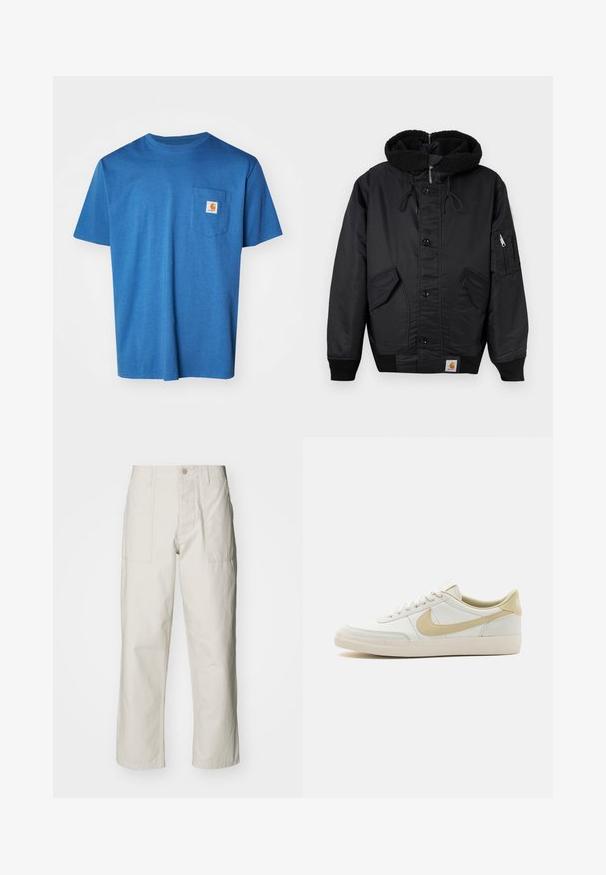 Černá bunda s kapucí na fleece, přední zapínání na knoflíky, dvě velké boční kapsy a další zipová kapsa na rukávu.; Modrá bavlněná tričko s kulatým výstřihem, krátkým rukávem a kapsou na levé straně hrudi s logem. Hladká textura, ležérní design.; Světle béžové kalhoty s širokými nohavicemi vyrobené z bavlny. Obsahují přední kapsy a zapínání na knoflík. Hladký povrch s jemnými vertikálními pruhy.; Bílé kožené tenisky s krémovou podrážkou, světle béžovými akcenty a texturovaným povrchem. Mají centrální šněrování a výrazné boční logo.