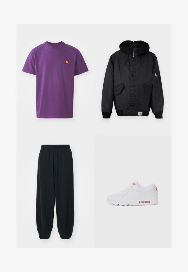Schwarze Jacke mit einer fleecegefütterten Kapuze, vorderem Knopfverschluss, zwei großen Seitentaschen und einer zusätzlichen Reißverschlusstasche am Ärmel.; Lila Baumwoll-T-Shirt mit Rundhalsausschnitt. Verfügt über ein kleines gelbes und rotes Logo auf der linken Brust. Kurzarm, normale Passform.; Schwarze Sweatpants mit elastischem Bund, lockerer Passform, gerippten Beinabschlüssen, glatter Textur und ohne sichtbare Muster oder Hardware-Akzente.; Weiße Sportsneaker mit einem glatten Obermaterial, Schnürverschluss, gepolsterter Sohle und einem sichtbaren Luftpolster mit roten Akzenten im Branding.