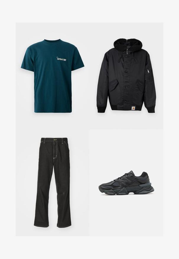 Schwarze Jacke mit einer fleecegefütterten Kapuze, vorderem Knopfverschluss, zwei großen Seitentaschen und einer zusätzlichen Reißverschlusstasche am Ärmel.; Türkise Baumwoll-T-Shirt mit kurzen Ärmeln und Rundhalsausschnitt. Auf der Vorderseite befindet sich ein grafischer Druck von "Carhartt WIP" in Weiß.; Schwarze Denim-Jeans mit lockerer Passform, kontrastierenden weißen Nähten, einem Knopfverschluss und geradem Bein.; Schwarzer Laufschuh mit einer Mischung aus Mesh- und sinthetischen Materialien, dicke Sohle, geschwungenes Design und auffälliger Markenkennzeichnung an der Seite.