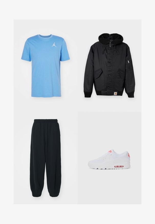 Black jacket with a fleece-lined hood, front button closure, two large side pockets, and an additional zippered pocket on the sleeve.; Jordan JUMPMAN CREW - Basic T-shirt - legend blue/white; Black, elasticated-waist sweatpants with a loose fit, cuffed ankles, smooth texture, and no visible patterns or hardware accents.; White athletic sneaker featuring a smooth upper, lace closure, cushioned sole, and a visible air unit with red accents on the branding.