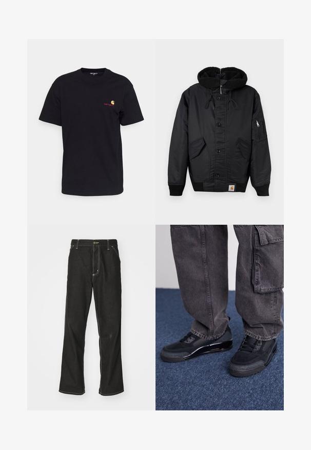 Črna jakna s kapuco obloženo s flisom, sprednjim gumbom za zapiranje, dvema velikima stranskima žepoma in dodatnim žepom na zadrgo na rokavu.; Črna bombažna majica s kratkimi rokavi, okroglim ovratnikom in majhnim barvnim logotipom na levem prsnem delu. Klasičen kroj z gladko teksturo.; Črne jeans hlače ohlapenega kroja, ki imajo kontrastno belo šivanje, zapiranje na gumb in ravno nogavico.; Črne športne čevlje z teksturirano površino, gladkimi poudarki in debelim podplatom, v kombinaciji z temnimi, ohlapnimi cargo hlačami.