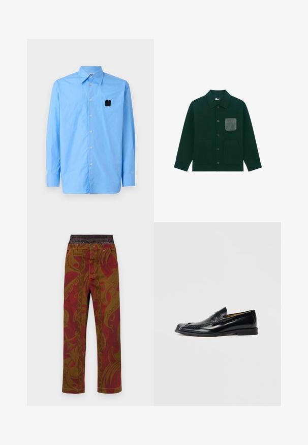 Donkergroene button-up jas met drie voorkiakken, waaronder een leren-textuur borstzak met een gegraveerd rond embleem.; Lichtblauw langemouw shirt gemaakt van gladde stof, met een puntige kraag en een zwart geborduurd logo op de linkerborst.; Geprinte broek met aardetinten van rood en bruin, met ingewikkelde ontwerpen en contrasterende stiksels, een elastische tailleband en een ontspannen pasvorm.; Zwarte leren loafers met een gladde afwerking, ronde neus, decoratieve bies en een lage gestapelde hak. Geen zichtbare branding.