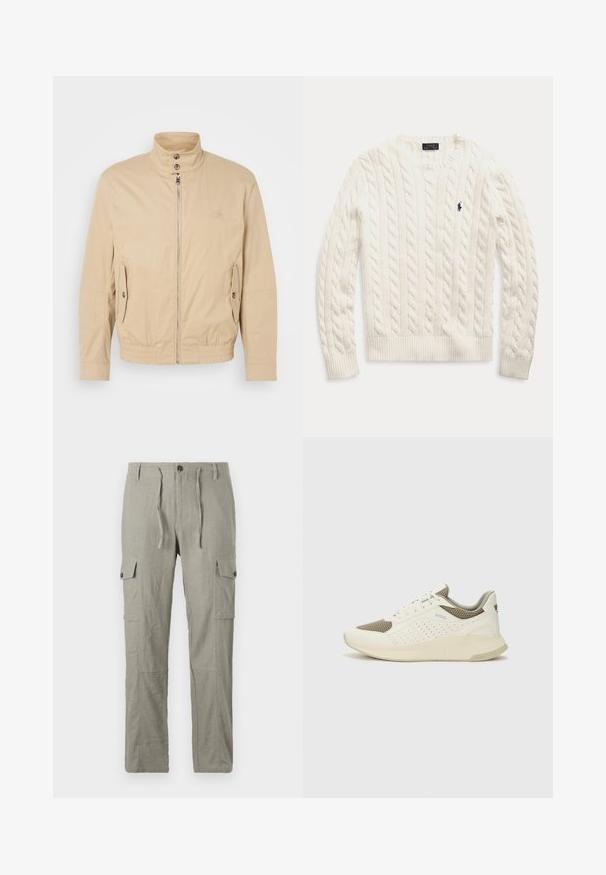 Vaaleanbeige kevyt takki, jossa on korkea kaulus, etuvetoketju, sivutaskut ja joustavat hihansuut. Pintarakenteinen kangas, jossa on hienovarainen kiilto.; Valkoinen kabelineuleinen pitkähihainen neule, jossa on ribbireunat hihansuissa ja helmassa. Rintamuksessa pieni laivaston sininen brodattu Polo Ralph Lauren -logo.; Vaaleanharmaat cargo-housut, jotka on valmistettu teksturoidusta kankaasta. Niissä on nyöri vyötäröllä, etupainike ja useita sivutaskuja.; Valkoinen ja vaaleanbeige urheilukengät, joissa on verkkomateriaali yläosa, rei'itettyjä yksityiskohtia ja teksturoitu välipohja, jossa on brändäys kantapäässä.