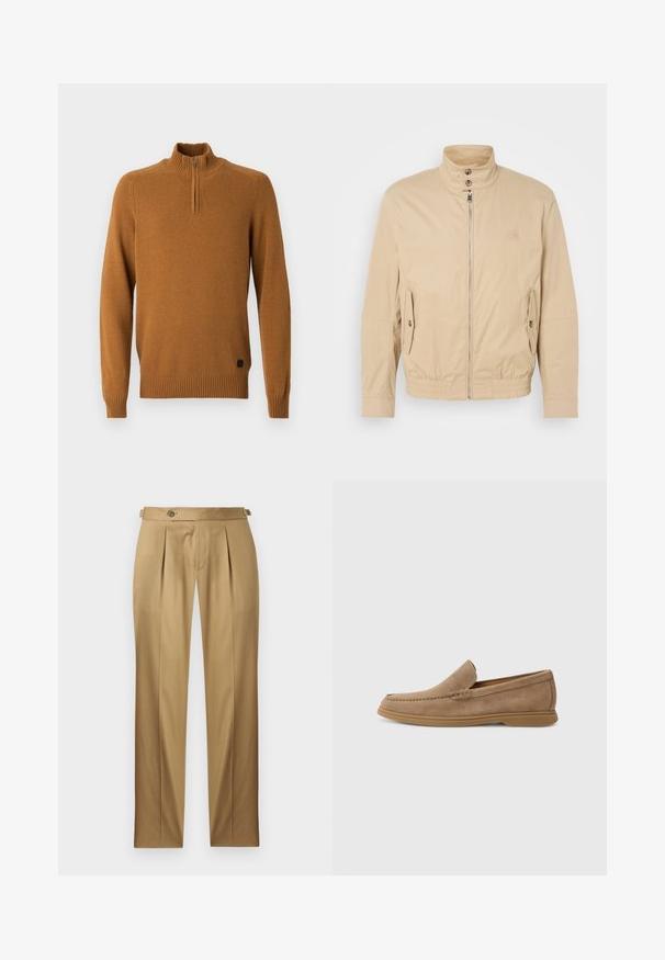 Bēša viegla jaka ar augstu apkakli, priekšējo rāvējslēdzēju, sānu kabatām un elastīgu aproču. Strukturēta auduma ar vieglu mirdzumu.; Bronzas krāsas, vilkšana džemperis ar augstu apkakli un ceturtdaļas rāvējslēdzēju. Izgatavots no strukturētas adītas auduma. Ribota aproces un apakšdaļa. Logo apakšējā daļā.; Bēša krāsas bikses ar taisnu piegriezumu, ar krokām, pogas aizdari un jostas cilpām. Gluda auduma ar tīru, šūtu izskatu.; Brūni zamšaini slīdneši ar gludu tekstūru un stitched detaļām; aprīkoti ar gumijas zoli, lai nodrošinātu saķeri.