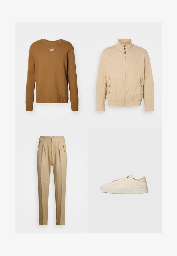 Beige lichte jas met hoge kraag, rits aan de voorkant, zijzakken en elastische manchetten. Gelaagd stof met een subtiele glans.; Bruine trui met een ronde hals, geribbelde manchetten en een zoom, gemaakt van zachte stof, met een klein wit logo-embleem op de borst.; Beige linnen broek met een rechte snit, voorzien van twee voorplooien, een knoopsluiting en zijzakken. Gestructureerde stof met een gladde afwerking.; Beige leren sneaker met een ronde neus, minimalistisch ontwerp, subtiele stikdetails en een gestructureerde bovenkant, op een lichte zool.