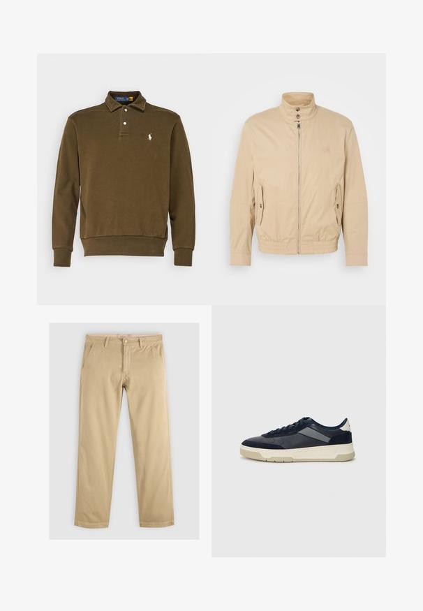 Beige lightweight jacket with high collar, front zipper, side pockets, and elastic cuffs. Textured fabric with a subtle sheen.; Olive green long-sleeve polo shirt made of cotton, featuring a classic collar, two buttons, and a white logo on the left chest.; Khaki chinos with a straight leg, featuring two front pockets and a waistband with belt loops. Made of soft, durable cotton fabric.; BOSS BALTIMORE - Trainers - open blue