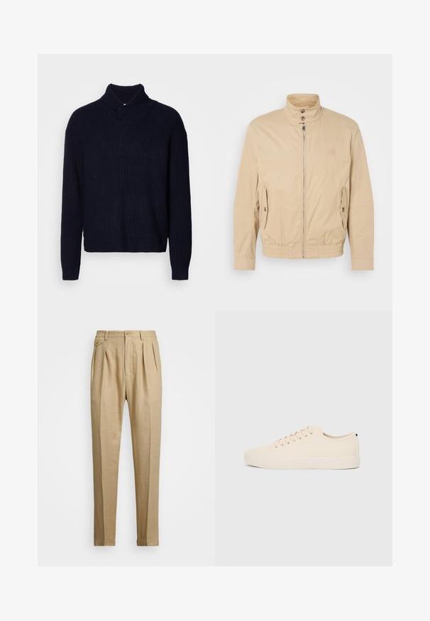Beige leichte Jacke mit hohem Kragen, vorderem Reißverschluss, seitlichen Taschen und elastischen Bündchen. Texturiertes Material mit einem subtilen Glanz.; Filippa K SHAWL COLLAR - Strickpullover - navy; Beige Leinenhose mit geradem Schnitt, ausgestattet mit zwei vorderen Falten, einem Knopfverschluss und seitlichen Taschen. Strukturierter Stoff mit glatter Oberfläche.; Beige Leinensneaker mit runder Zehenpartie, flacher Gummisohle und Schnürung. Verfügt über ein minimalistisches Design und einen kontrastierenden schwarzen Akzent an der Ferse.