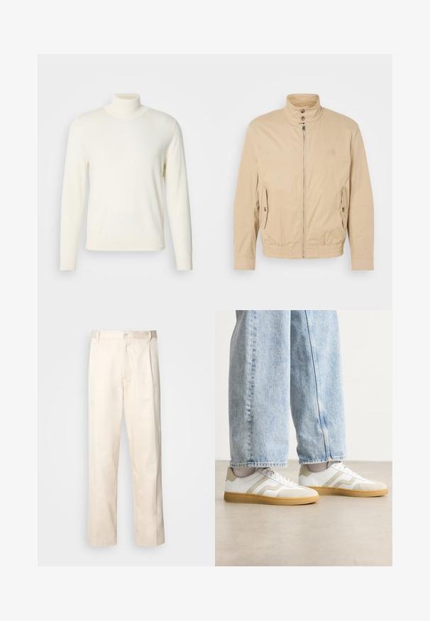 Šviesiai rudas lengvas paltas su aukštu apykakle, priekyje užtrauktuku, šoninėmis kišenėmis ir elastiniais rankogaliais. Textūruotas audinys su subtiliu blizgesiu.; Kremo spalvos megztinis su aukšta apykakle, pagamintas iš minkštos medžiagos, su ilgomis rankovėmis ir prigludusia siluetu, be matomų raštų ar puošybų.; Bežinės medvilninės kelnės su tiesiu kirpimu, turinčios mygtuko uždarymą ir priekyje raukšles papildomai dekoratyviam akcentui.; Baltos sportbačiai su smėlio spalvos zomšos akcentais ir šviesiais gumos padais; turi žemą dizainą ir tekstūruotą apdailą viršuje.