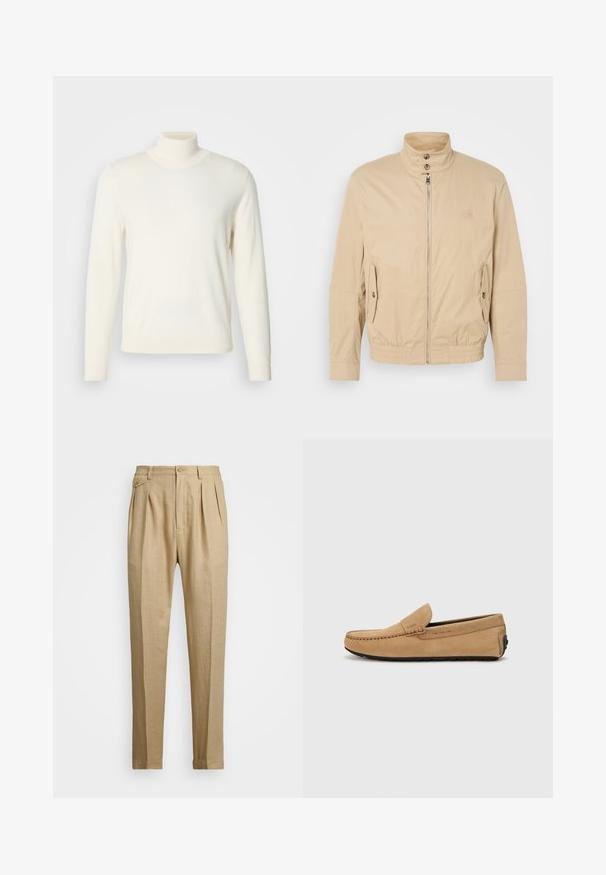 Veste légère beige avec col montant, fermeture éclair à l'avant, poches latérales et poignets élastiques. Tissu texturé avec un léger brillant.; Pull col roulé couleur crème en tissu doux, avec des manches longues et une silhouette ajustée, sans motifs visibles ni embellissements.; Pantalons en lin beige avec une coupe droite, arbore deux pinces à l'avant, une fermeture à bouton et des poches latérales. Tissu texturé avec une finition lisse.; Mocassin beige en suède avec un bout cousu, design à enfiler et semelle en caoutchouc noir. Présente un logo discret sur le côté.