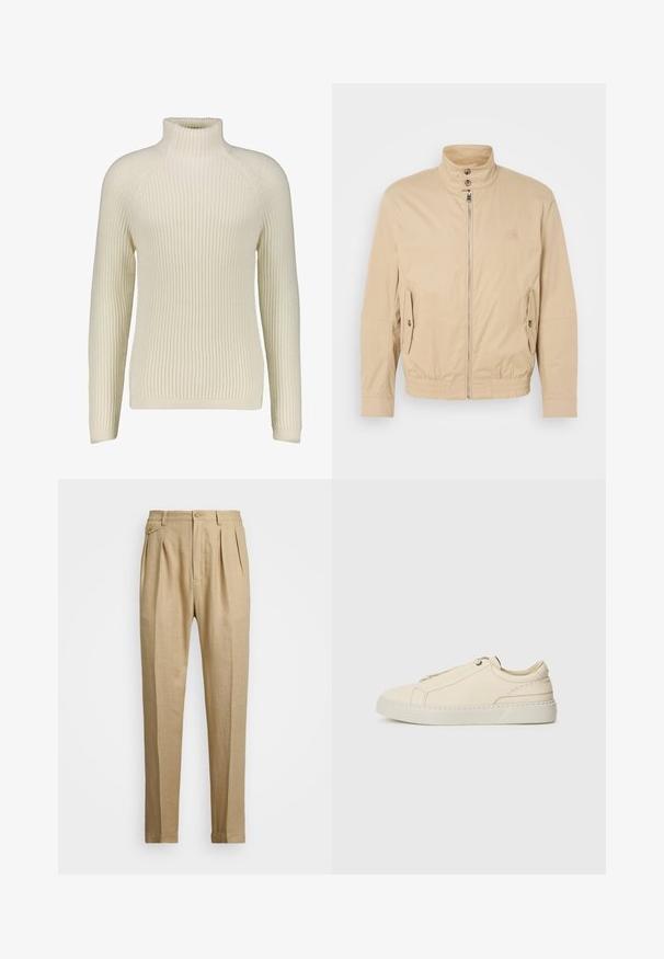 Beige, könnyű dzseki magas gallérral, elülső cipzárral, oldalsó zsebekkel és elastikus mandzsettákkal. Struktúrált anyag finom fényességgel.; DRYKORN ARVID - Pulóver - offwhite; Beige vászon nadrág egyenes szabással, két első redővel, gombos záródással és oldalzsebekkel. Tömör textúrájú anyag sima felülettel.; Beige bőr sneaker, lekerekített orral, minimalista dizájnal, finom varrási részletekkel és texturált felsőrésszel, világos talpon.