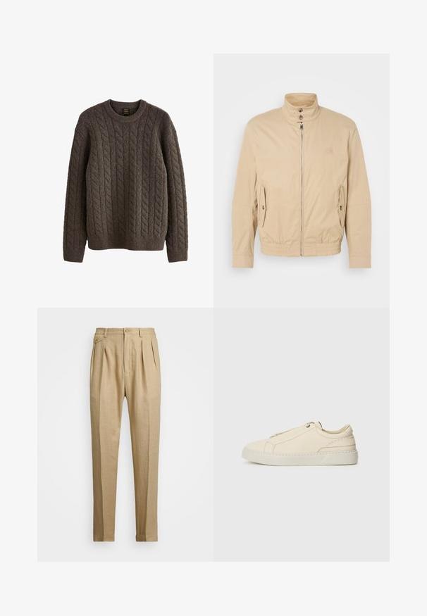 Giacca leggera beige con colletto alto, zip frontale, tasche laterali e polsini elastici. Tessuto texturizzato con una leggera lucentezza.; Maglione marrone a maglia grossa realizzato in lana testurizzata, con collo rotondo e maniche lunghe con polsini e orlo a coste.; Pantaloni in lino beige con taglio dritto, dotati di due pince anteriori, chiusura con bottone e tasche laterali. Tessuto testurizzato con una finitura liscia.; Sneaker in pelle beige con punta arrotondata, design minimalista, dettagli di cucitura sottili e una parte superiore testurizzata, su una suola chiara.