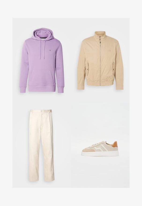 Béžová lehká bunda s vysokým límcem, předním zipem, bočními kapsami a elastickými manžetami. Texturovaná tkanina s jemným leskem.; GANT SHIELD HOODIE - Mikina - orchid lilac; Bežové bavlněné kalhoty se střihy rovného nohavice, s knoflíkovým zapínáním a záhyby vpředu pro zvýraznění detailu.; Béžové tenisky kombinující hladkou kůži a semišové materiály. Mají bílé detaily, ploché tkaničky a mírně vyvýšenou podrážku.